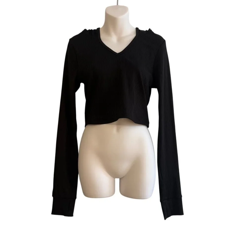Forever 21 Ribbed Black Cropped Hoodie Top | Size L | Excellent Condition - Picture 4 of 8